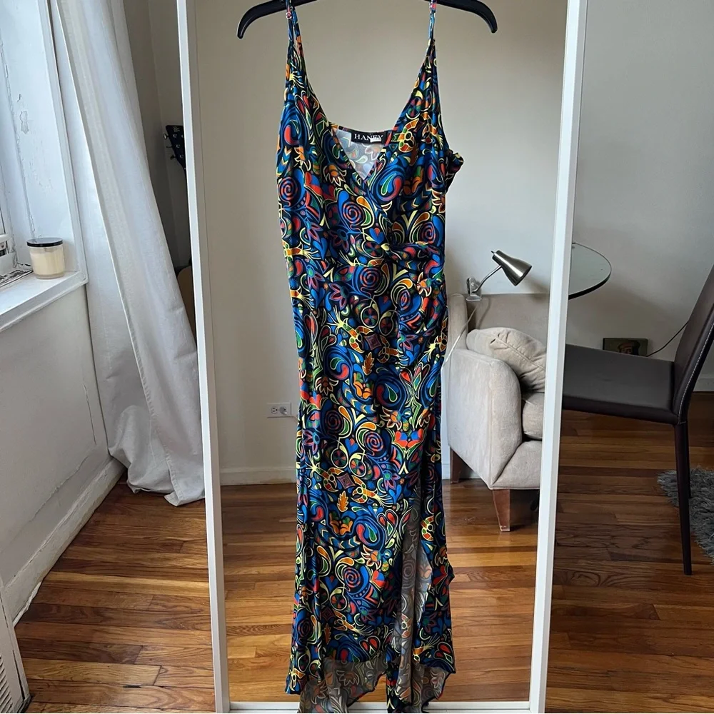 haney olivia faux wrap midi dress size 6 blue orange red yellow CL - Picture 5 of 9